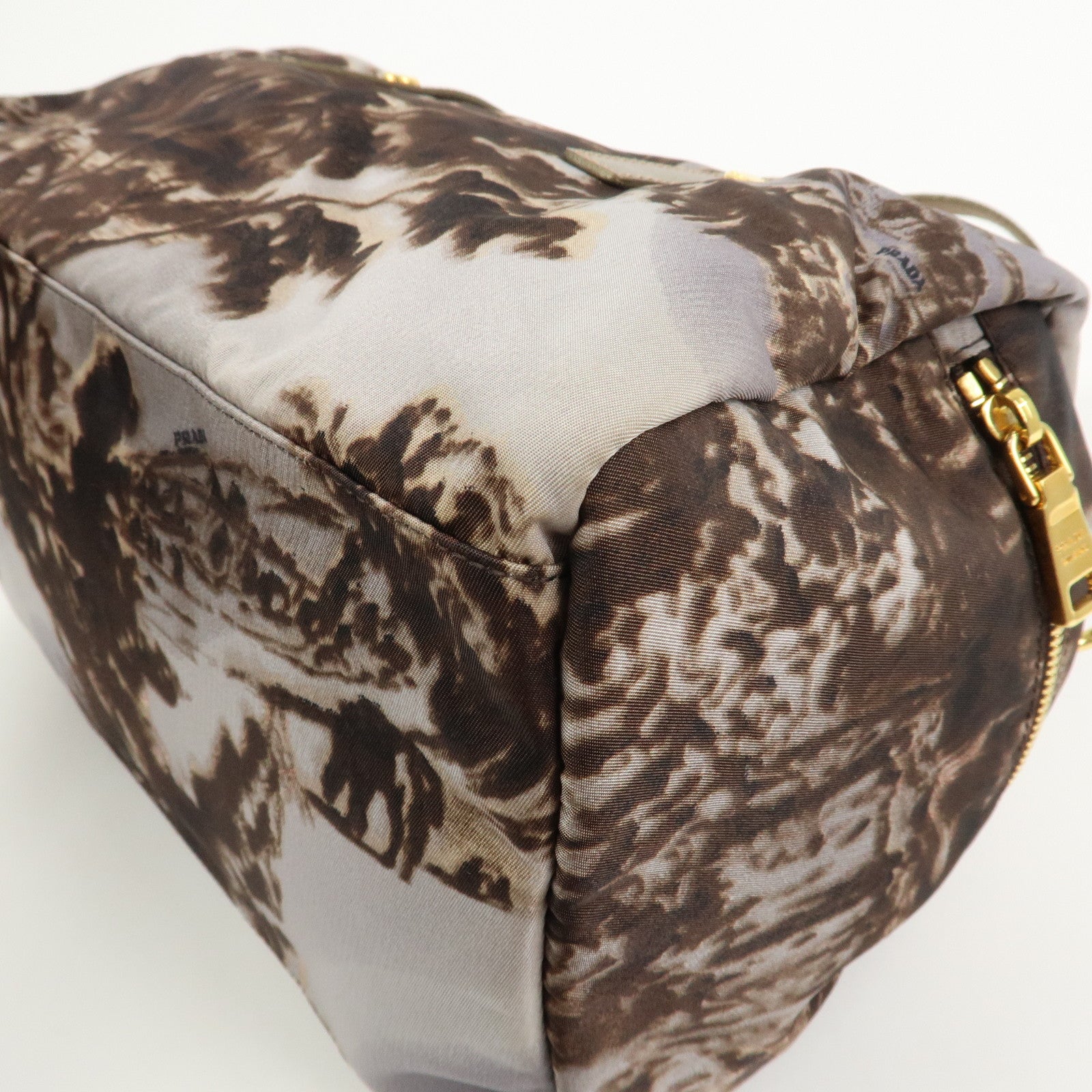 PRADA Logo Nylon Leather Boston Bag Shoulder Bag Gray Gold BL0567