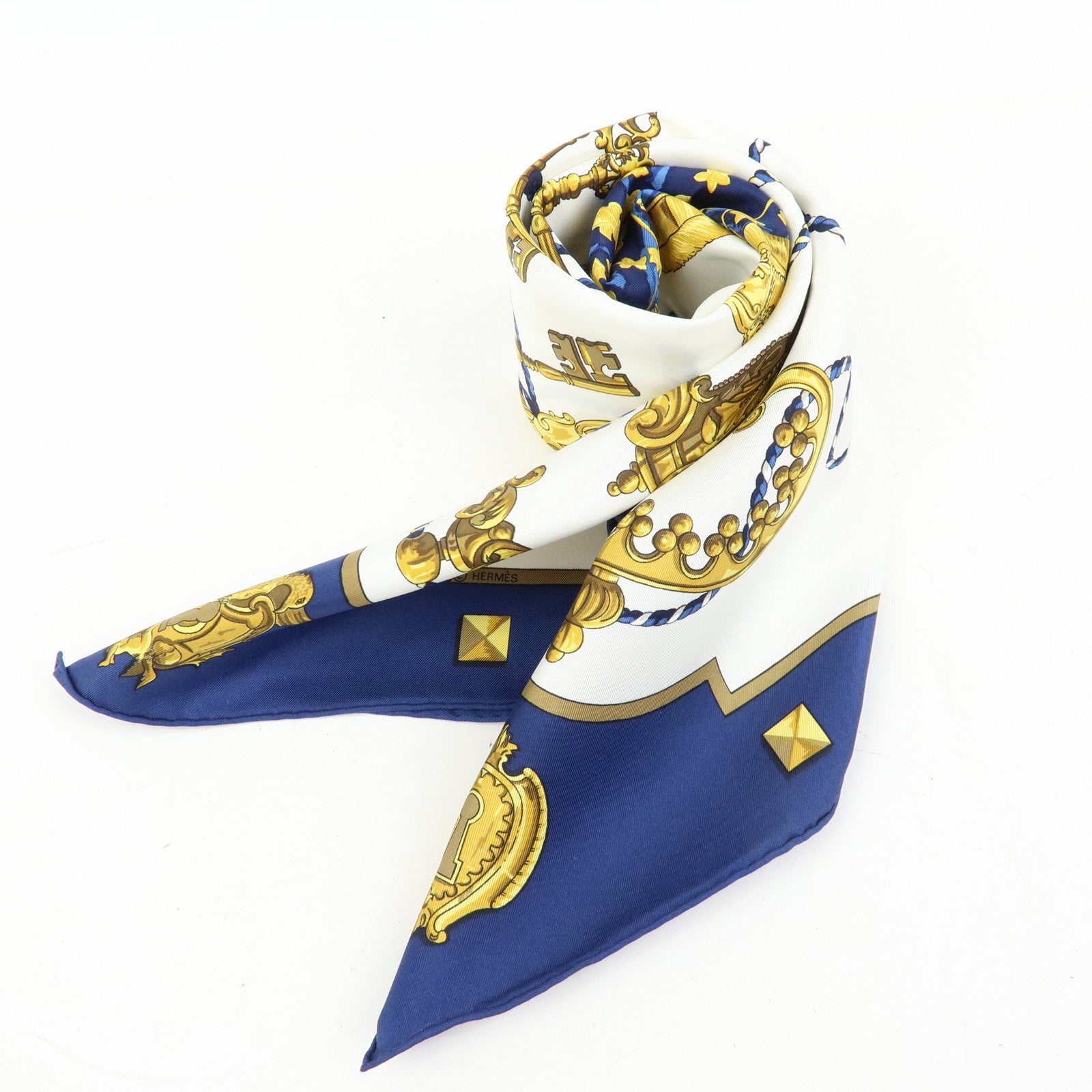 HERMES Carre 90 Silk 100% Scarf LES CLES THE KEYS RARE Navy Gold