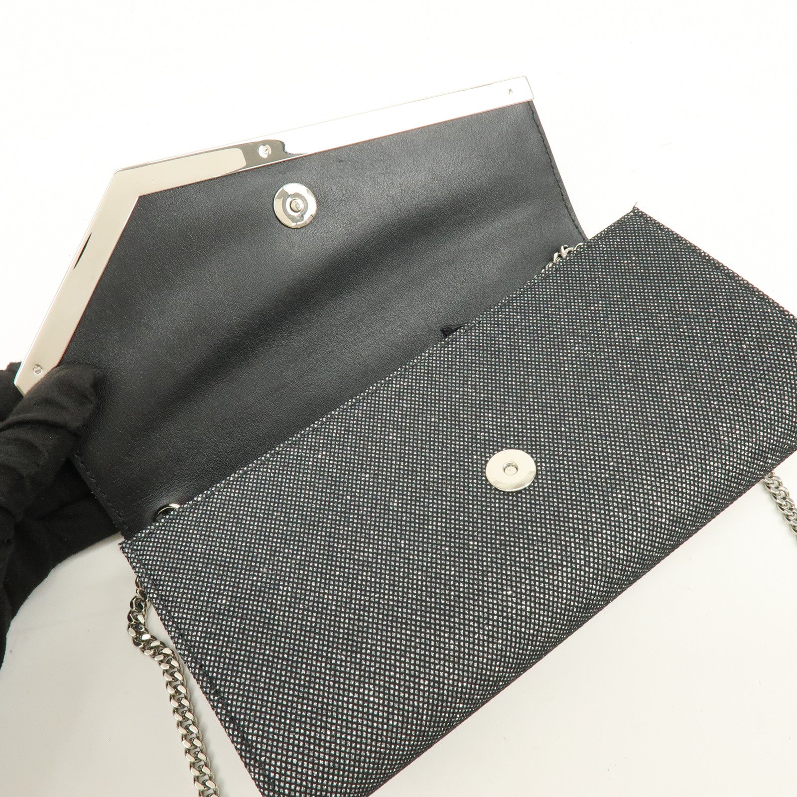 JIMMY CHOO Emmie Canvas Leather Chain Shoulder Bag Silver Black