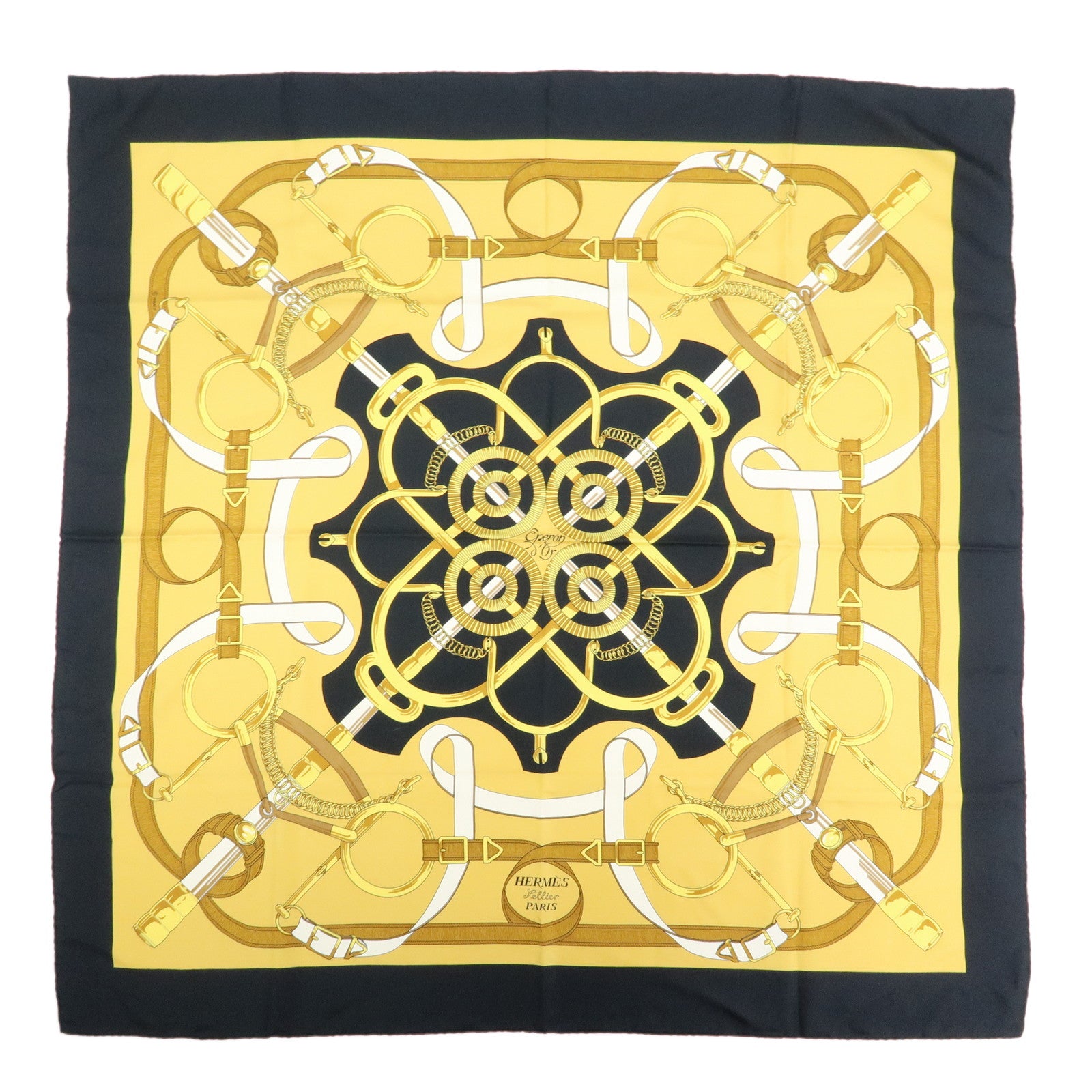 HERMES Carre 90 Silk 100% Eperon d'or Scarf White Navy