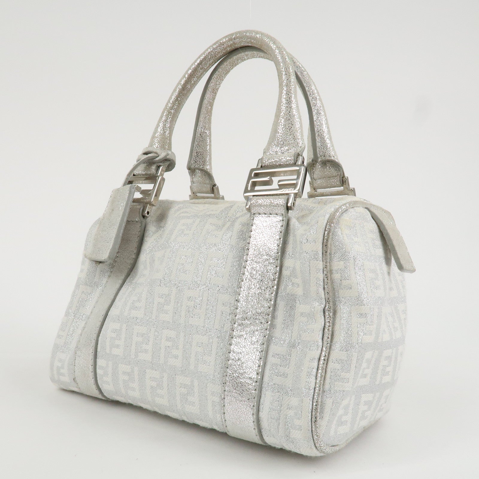 FENDI Zucchino Canvas Leather Mini Boston Bag Silver White 8BL071