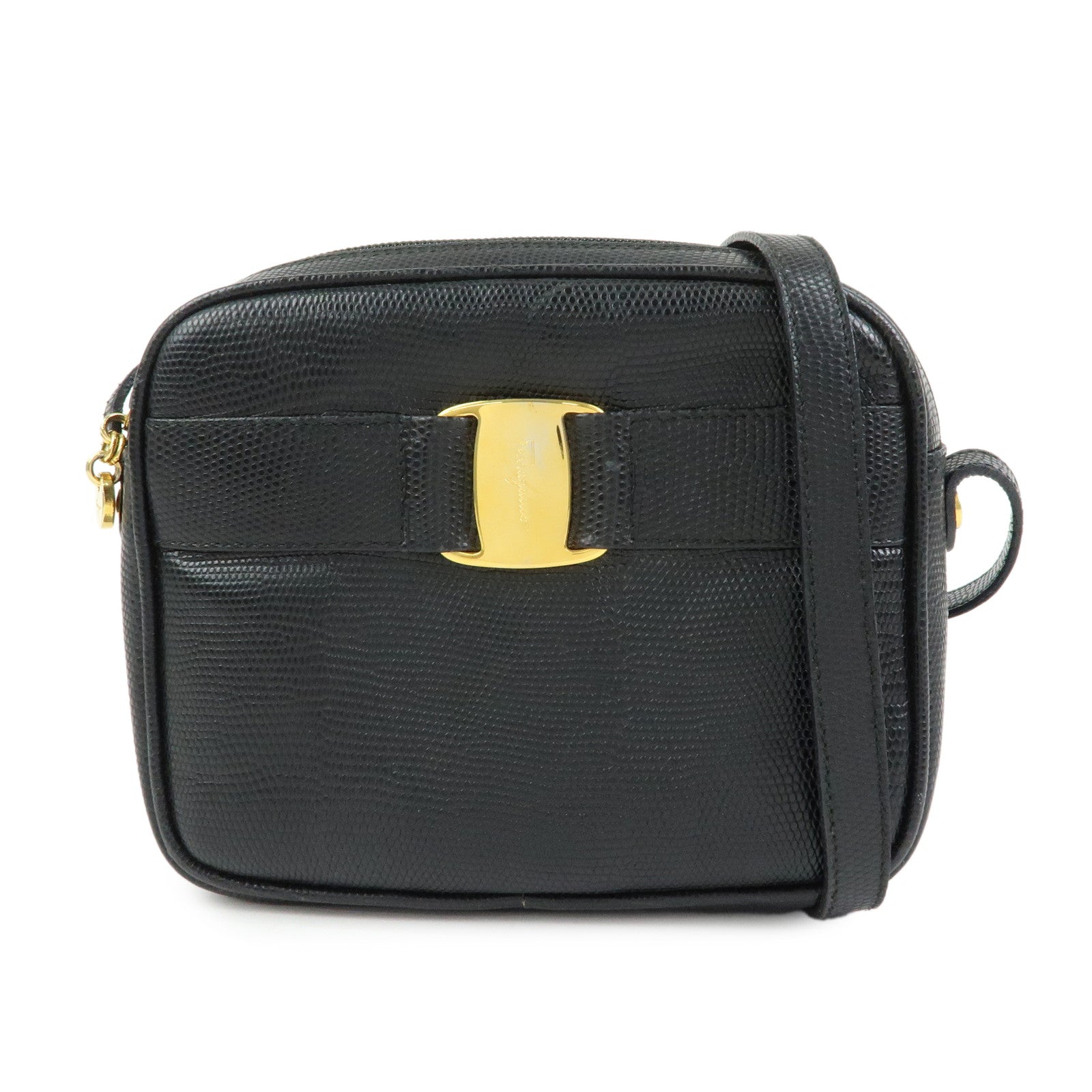 Ferragamo Varra Embossed Leather Shoulder Bag Crossbody Bag Black