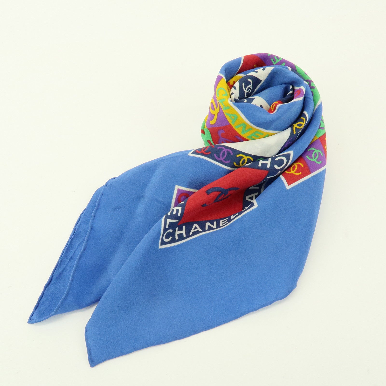 CHANEL COCO Mark Silk 100% Scarf Logo Print Blue Multicolor