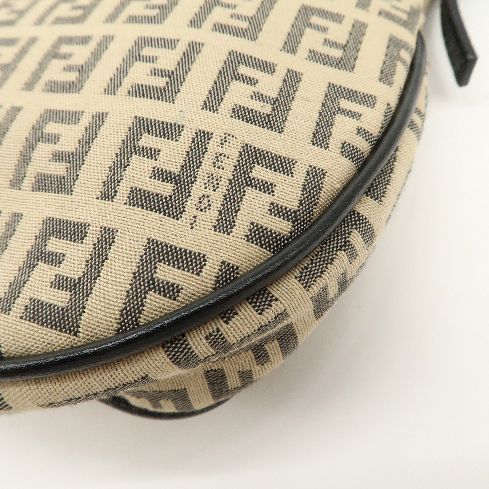FENDI Zucchino Canvas Leather Shoulder Bag Beige Black 8BR312