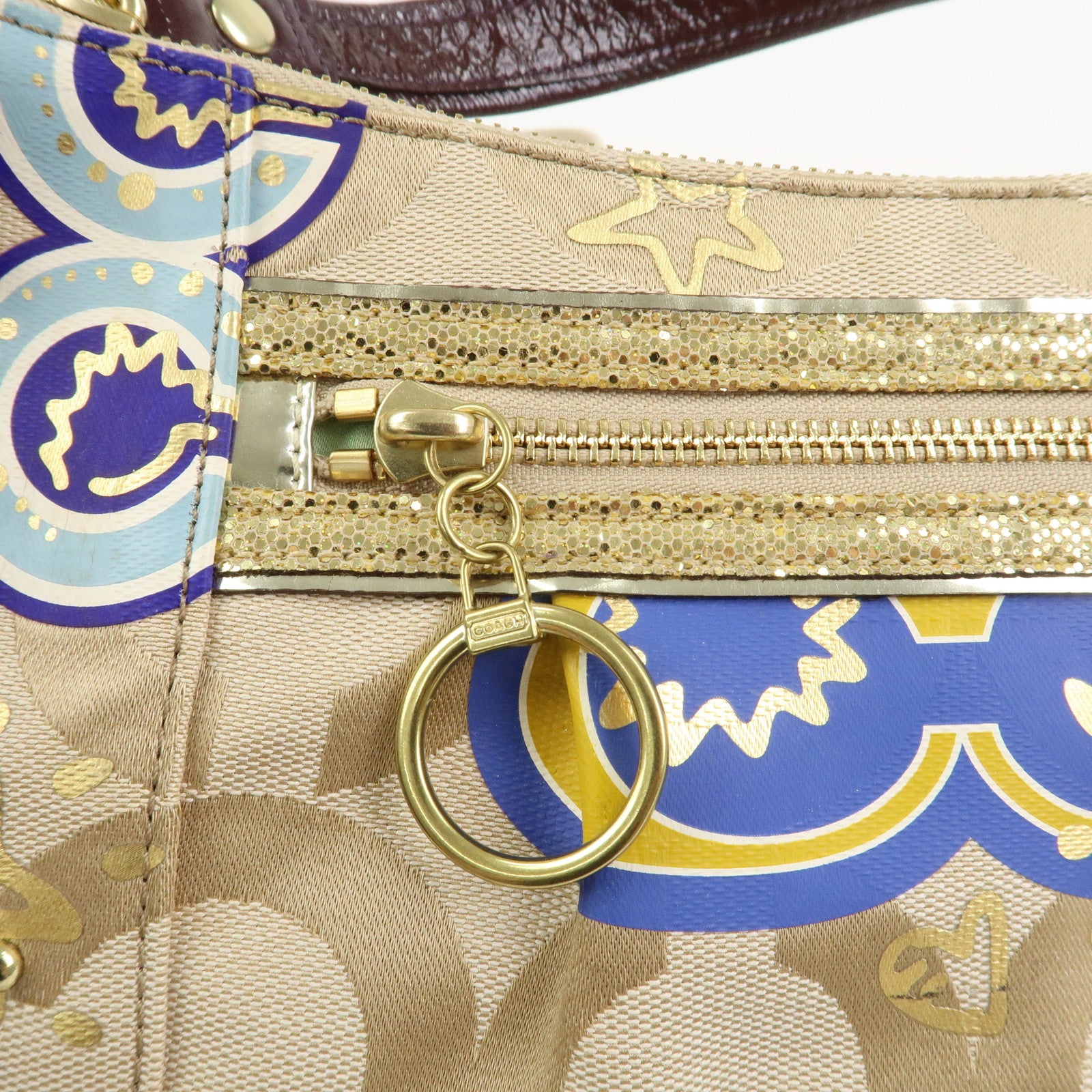 COACH POPPY Canvas Patent Leather 2Way Shoulder Bag Hand Bag Beige