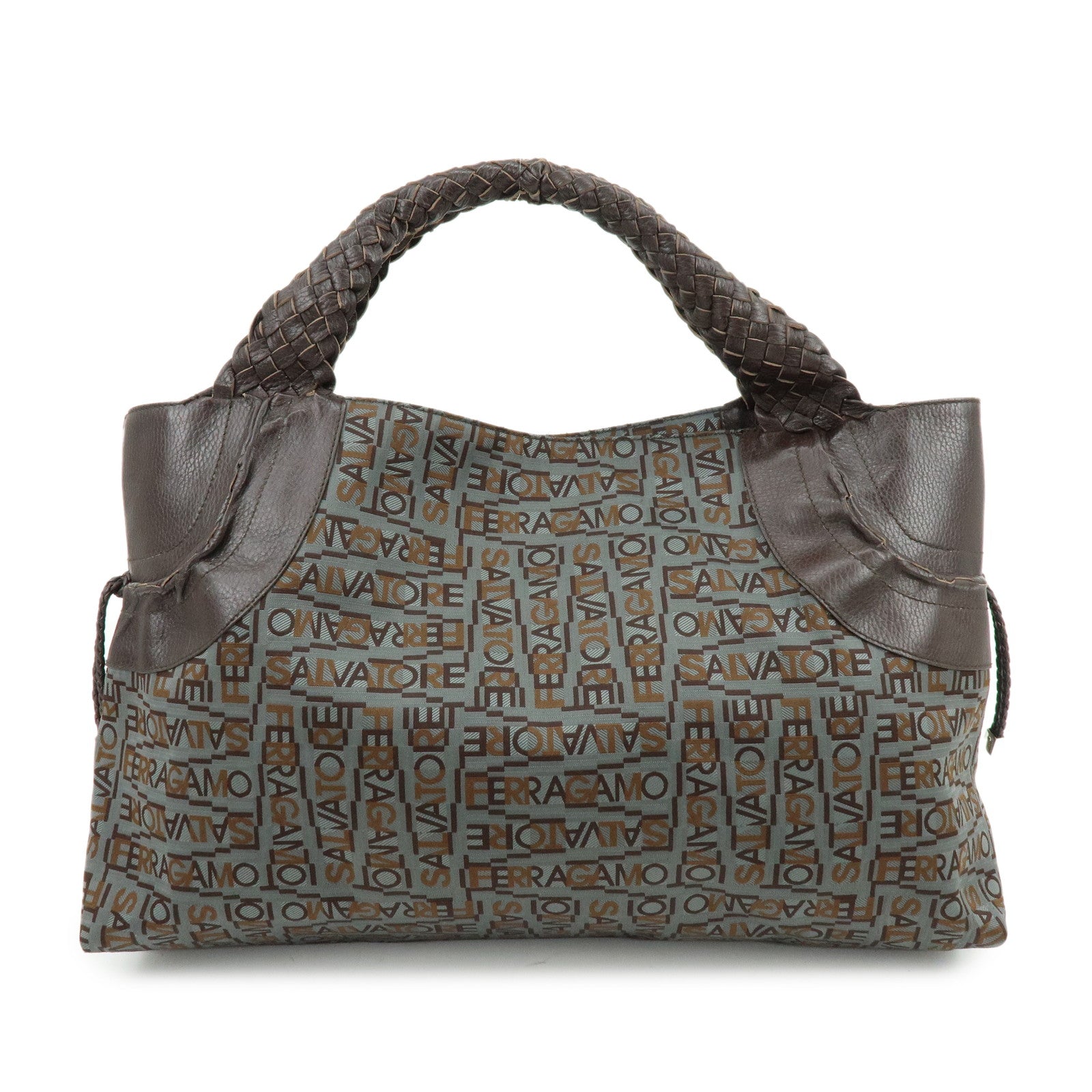 Ferragamo Gancini Canvas Leather Tote Bag Shoulder Bag Brown