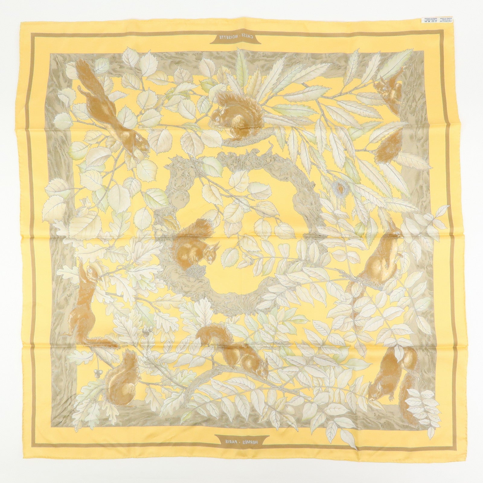 HERMES Carre 90 Silk 100% Scarf Casse Noisette Walnut Yellow Brown
