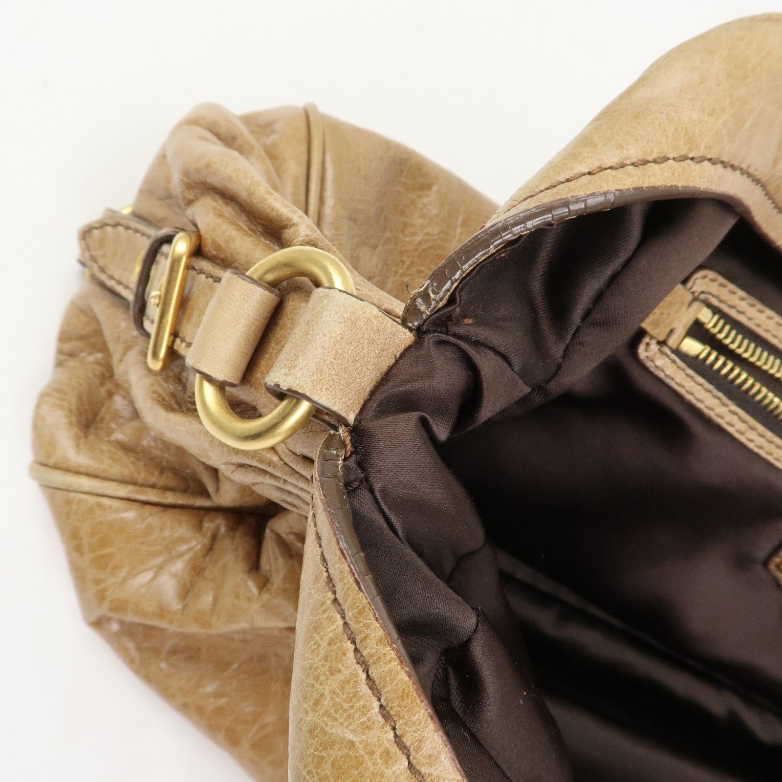 MIU MIU Logo Leather Hand Bag Boston Bag Light Brown