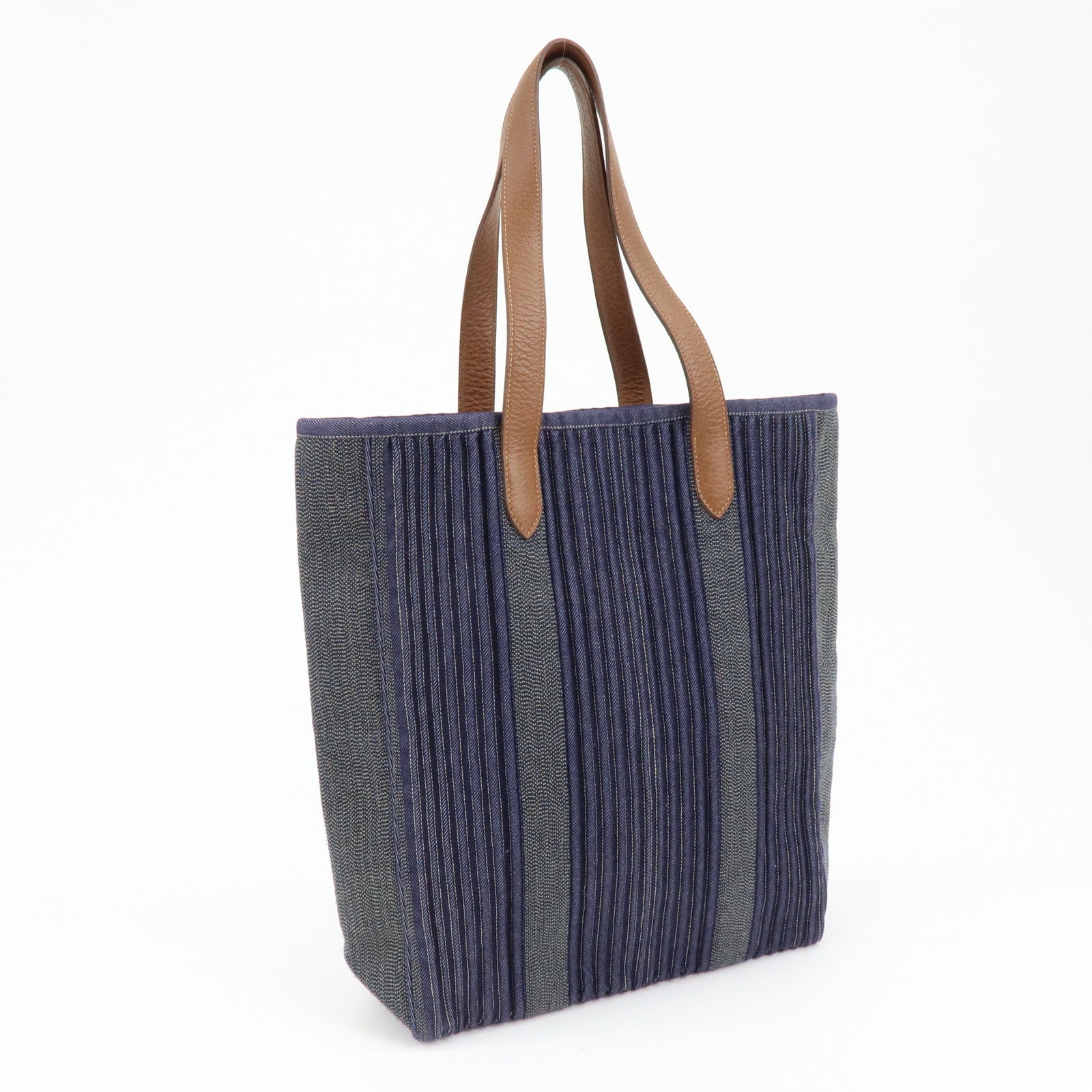 HERMES Calicut Canvas Leather Tote Bag L Stamped Navy Brown