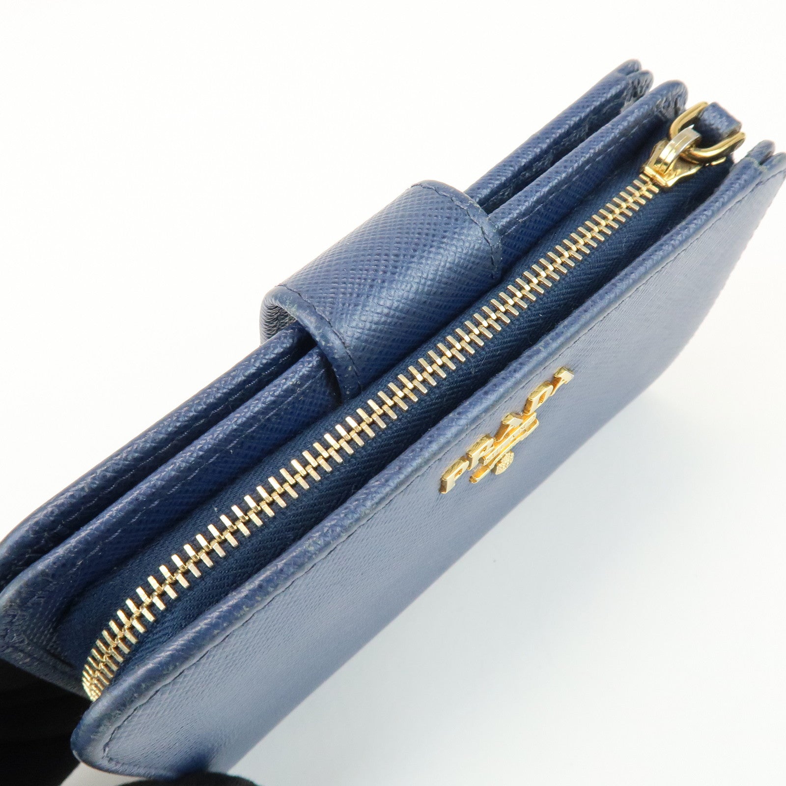 PRADA Saffiano Leather Compact Wallet Navy Gold 1ML225