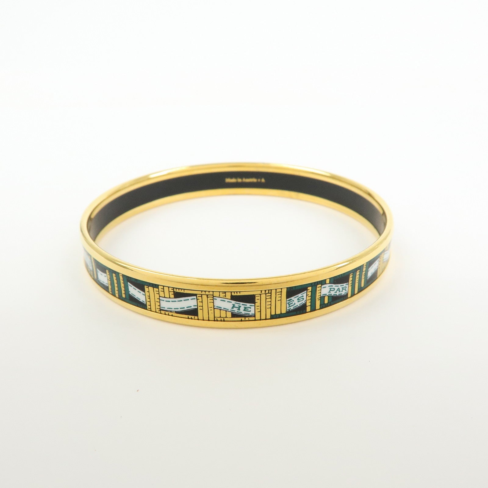 HERMES Email PM Plated Bracelet Bangle Gold Dark Green