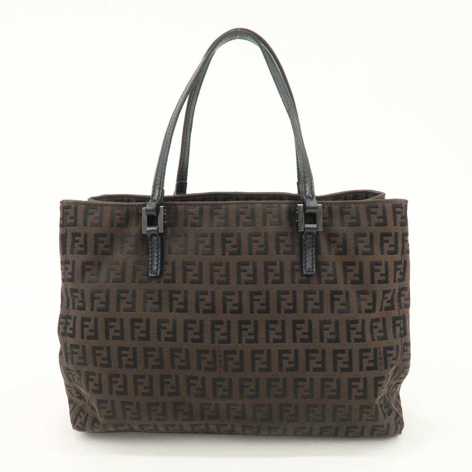 FENDI Zucchino Canvas Leather Tote Bag Hand Bag Dark Brown 8BH132