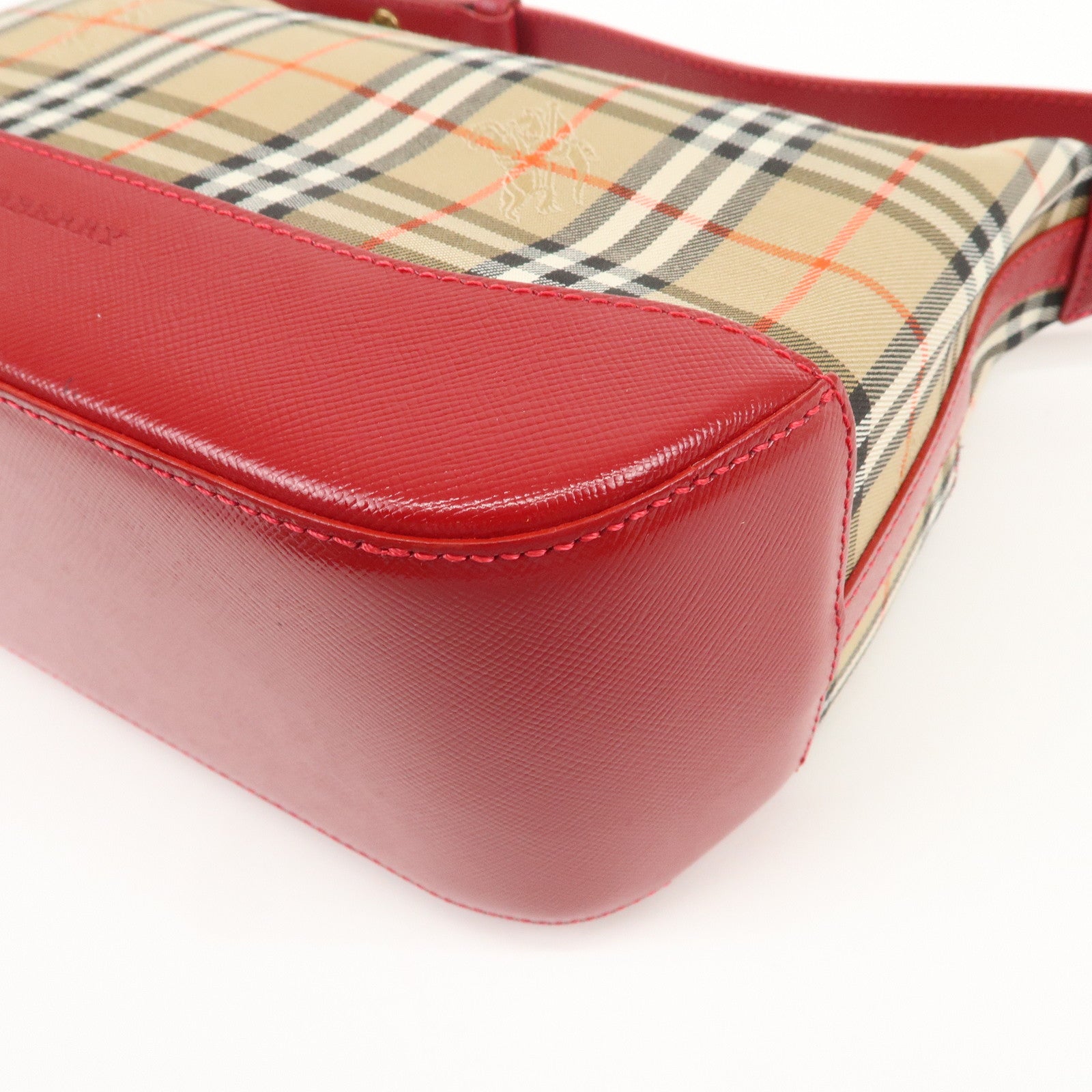 BURBERRY Nova Plaid Canvas Leather Hand Bag Shoulder Bag Beige Red