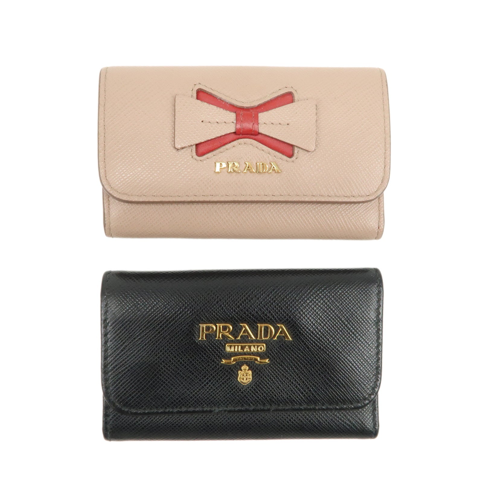 PRADA Logo Leather Set Of 2 Key Chains Black Beige 1PG222/1PG004