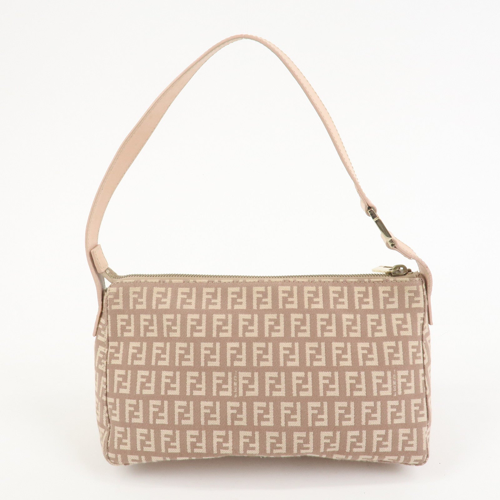 FENDI Zucchino Canvas Leather Shoulder Hand Bag Pink Beige 8BR444