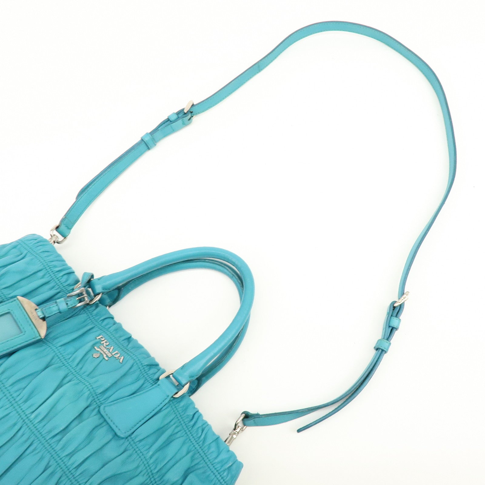 PRADA Leather 2Way Bag Hand Bag Shoulder Bag Turquoise Blue