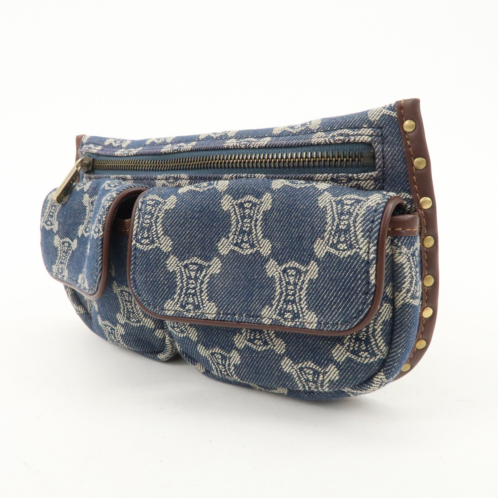 CELINE Macadam Waist Bag Denim Navy Dark Brown Gold HDW Used