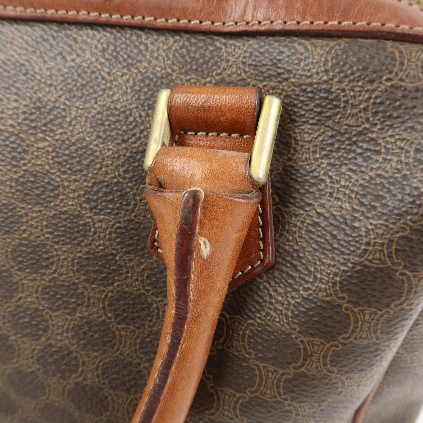 CELINE Macadam PVC Canvas Leather Boston Bag Hand Bag Brown