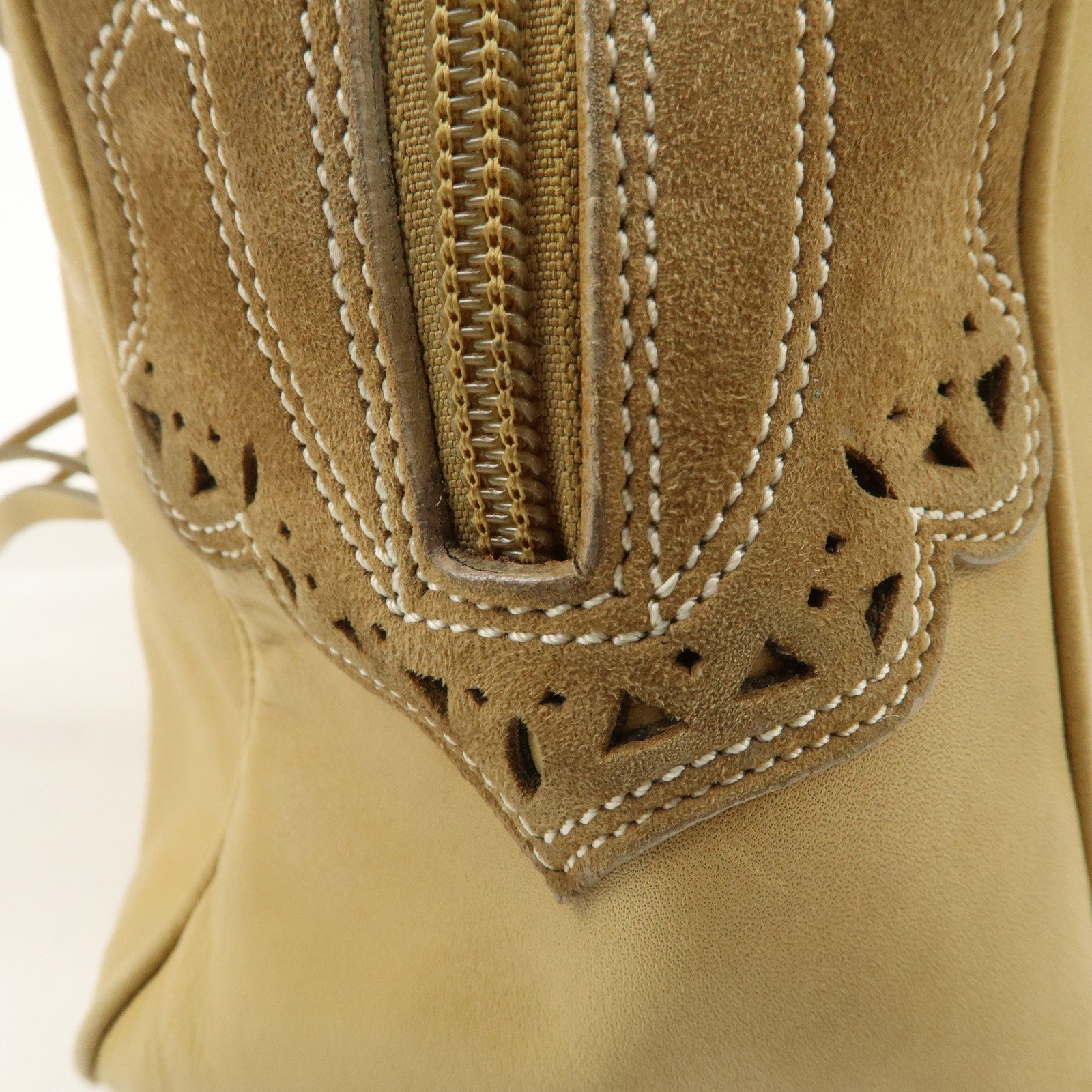 LOEWE Anagram Leather Suede Punching Boston Bag Beige Used