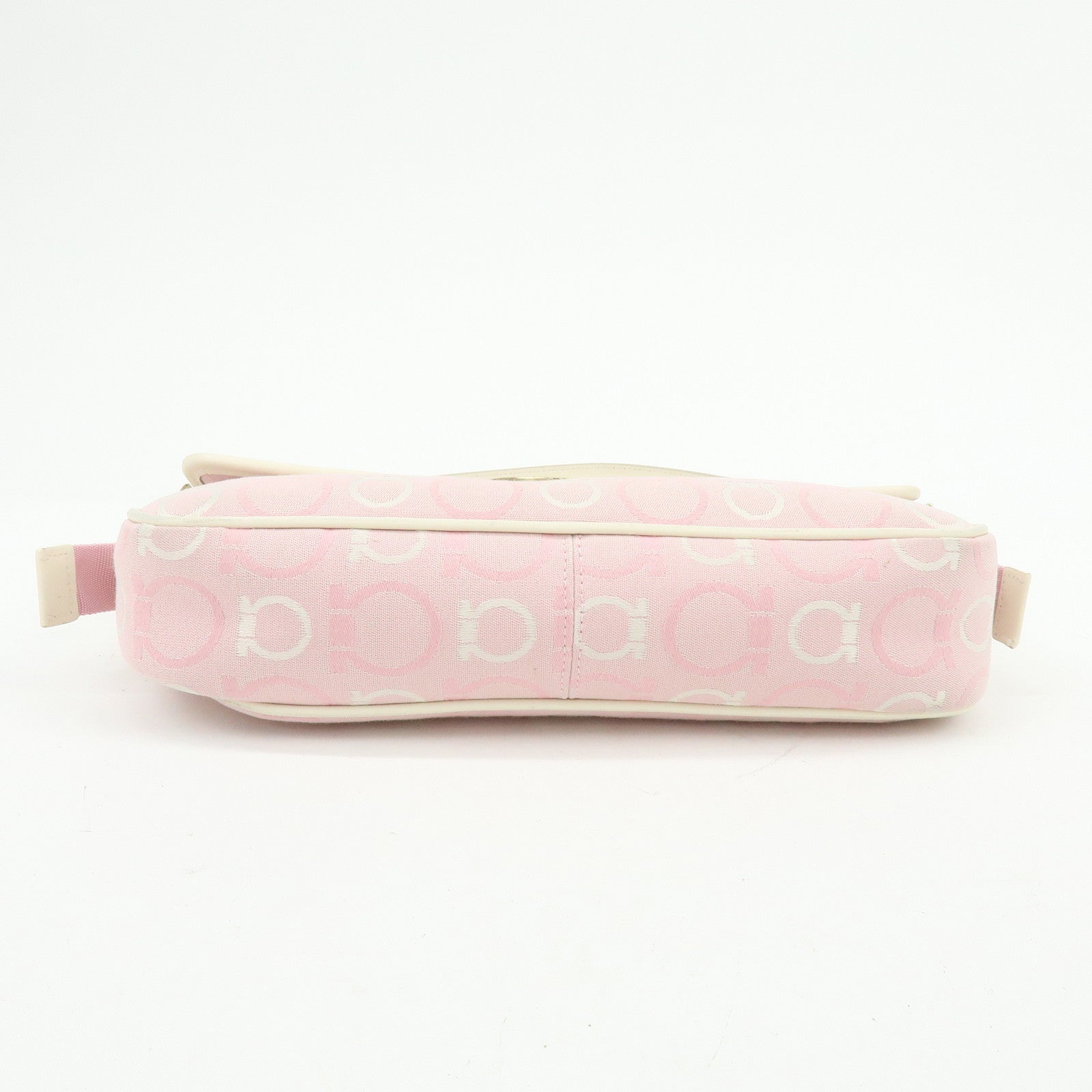 Ferragamo Gancini Canvas Leather Shoulder Bag Light Pink White