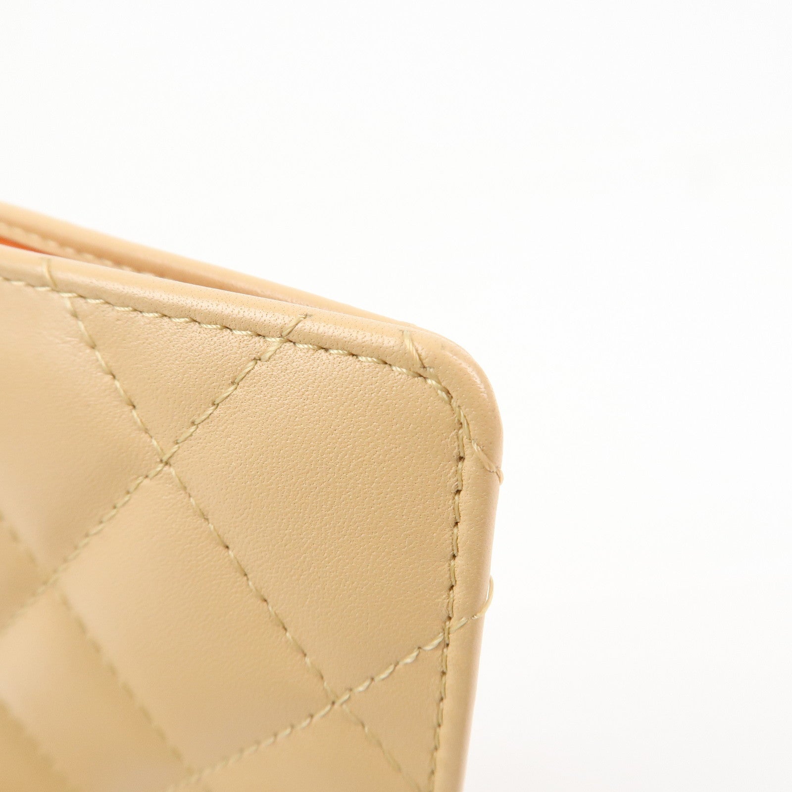 CHANEL Cambon Lamb Skin Leather Bi-fold Wallet Beige A26717