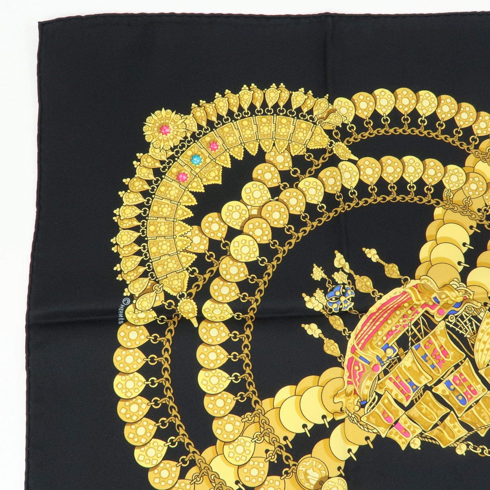 HERMES Carre 90 Silk 100% KOSMIMA Scarf Black Yellow