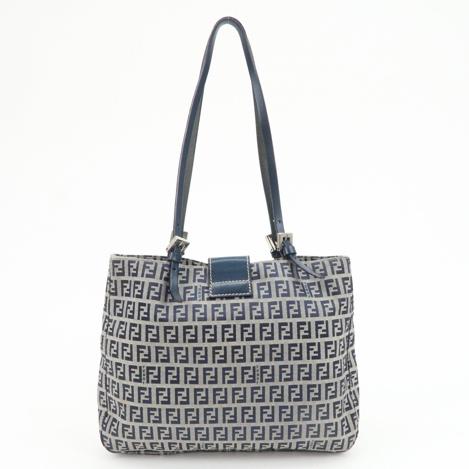 FENDI Zucchino Canvas Leather Tote Bag Shoulder Bag Navy Gray