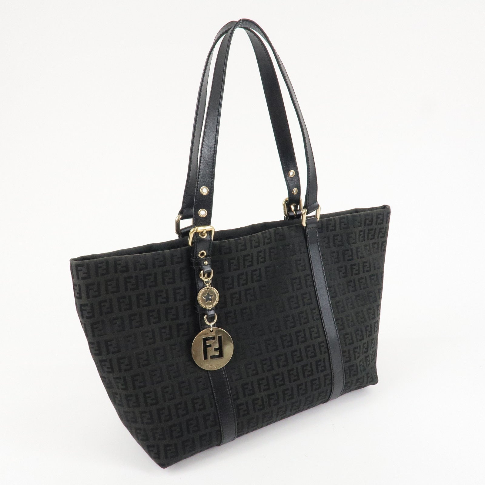 FENDI Zucchino Canvas Leather Tote Bag Shoulder Bag Black 8BH215 Used