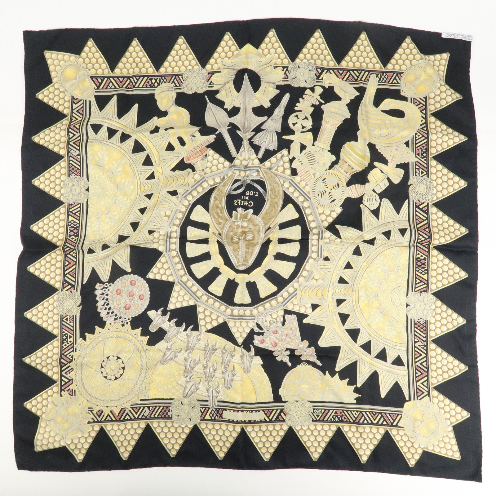 HERMES Carre 90 Silk 100% Scarf L'OR DES CHEFS Black Yellow