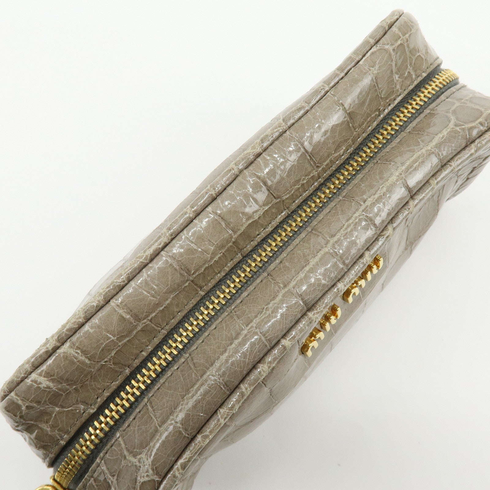 MIU MIU Embossed Leather Clutch Bag Wrist Bag Cosmetic Pouch Greige