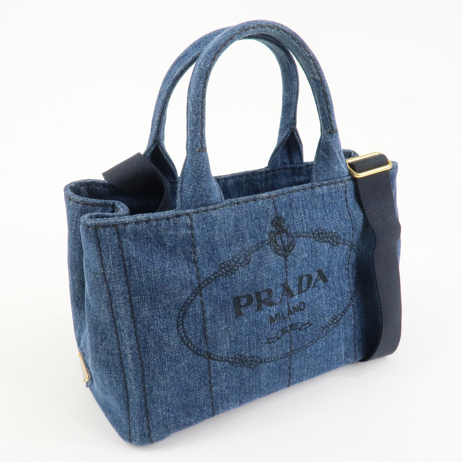PRADA Canapa Denim 2Way Bag Hand Bag Shoulder Bag Navy B2642B Used