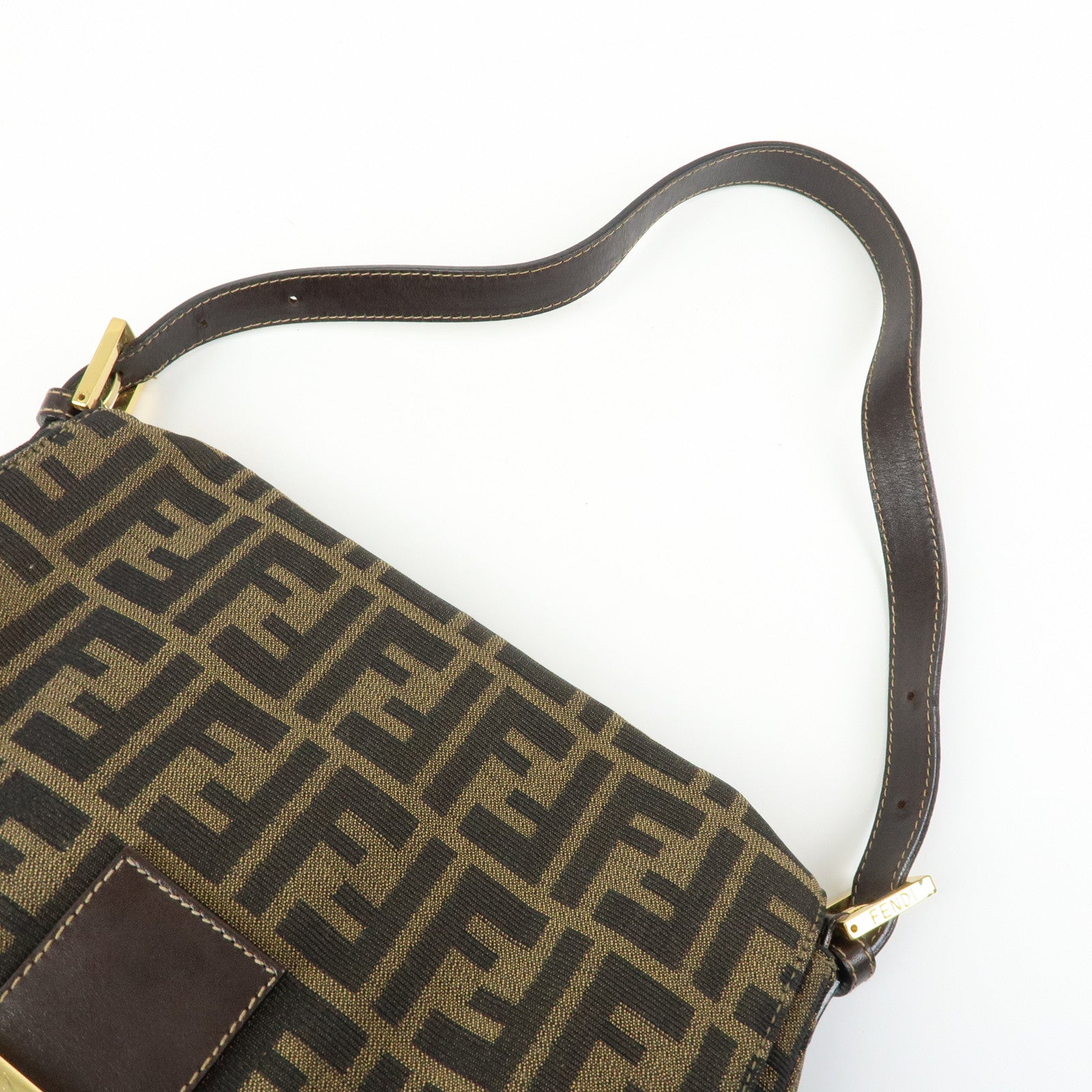 FENDI Mamma Baguette Zucca Canvas Leather Shoulder Bag Brown 26325