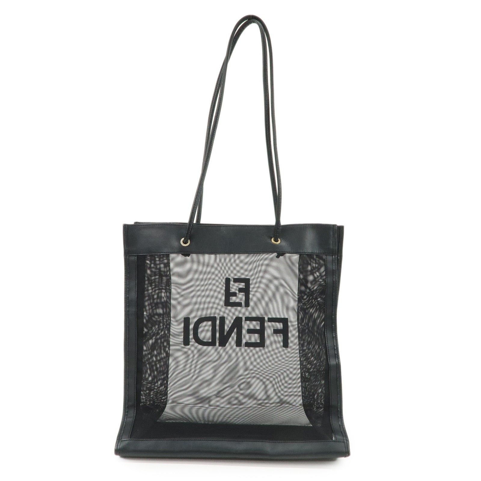 FENDI Mesh Leather Tote Bag Shoulder Bag Black Gold Hardware 259647
