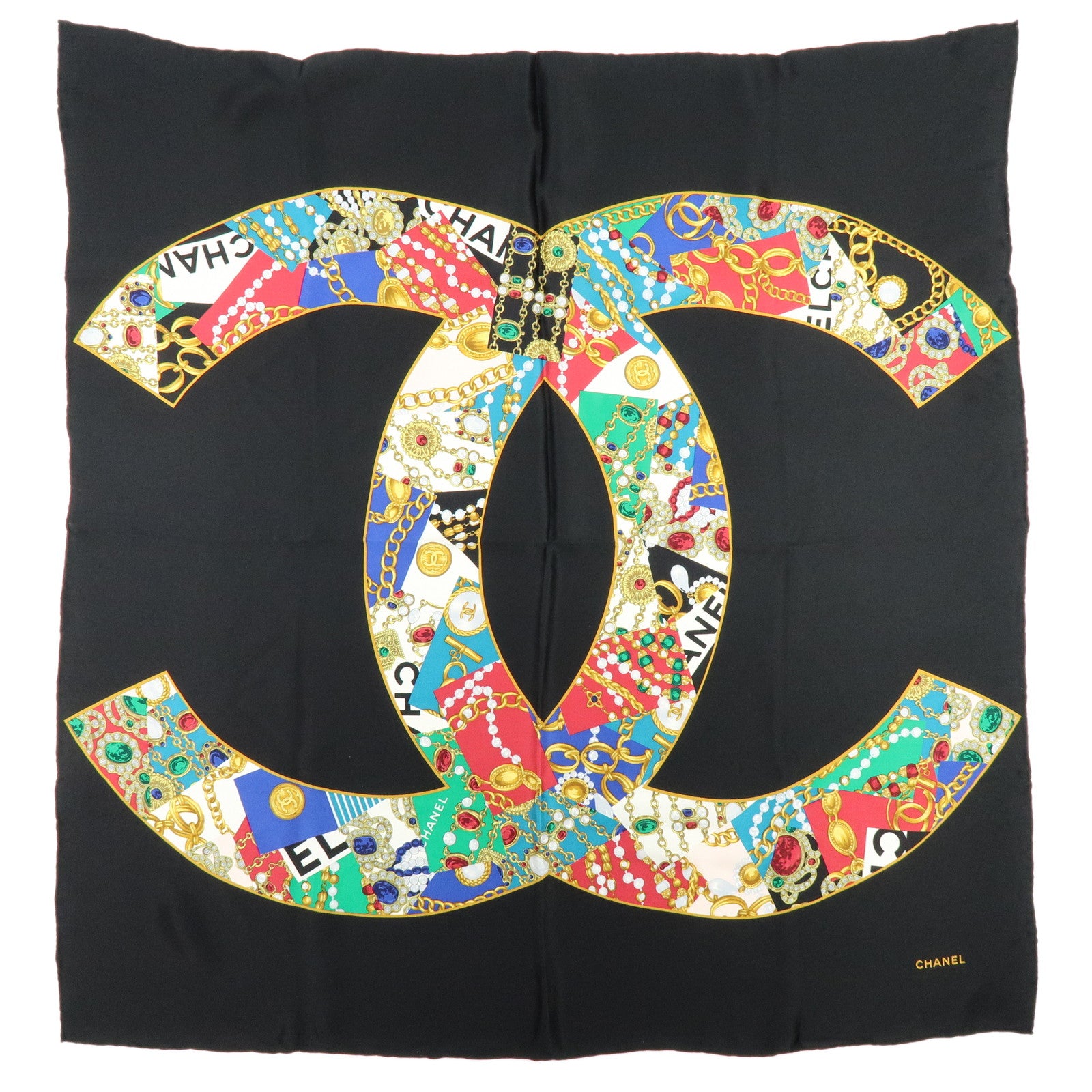 CHANEL COCO Mark Jewelry Motif Silk 100% Scarf Black Multicolor