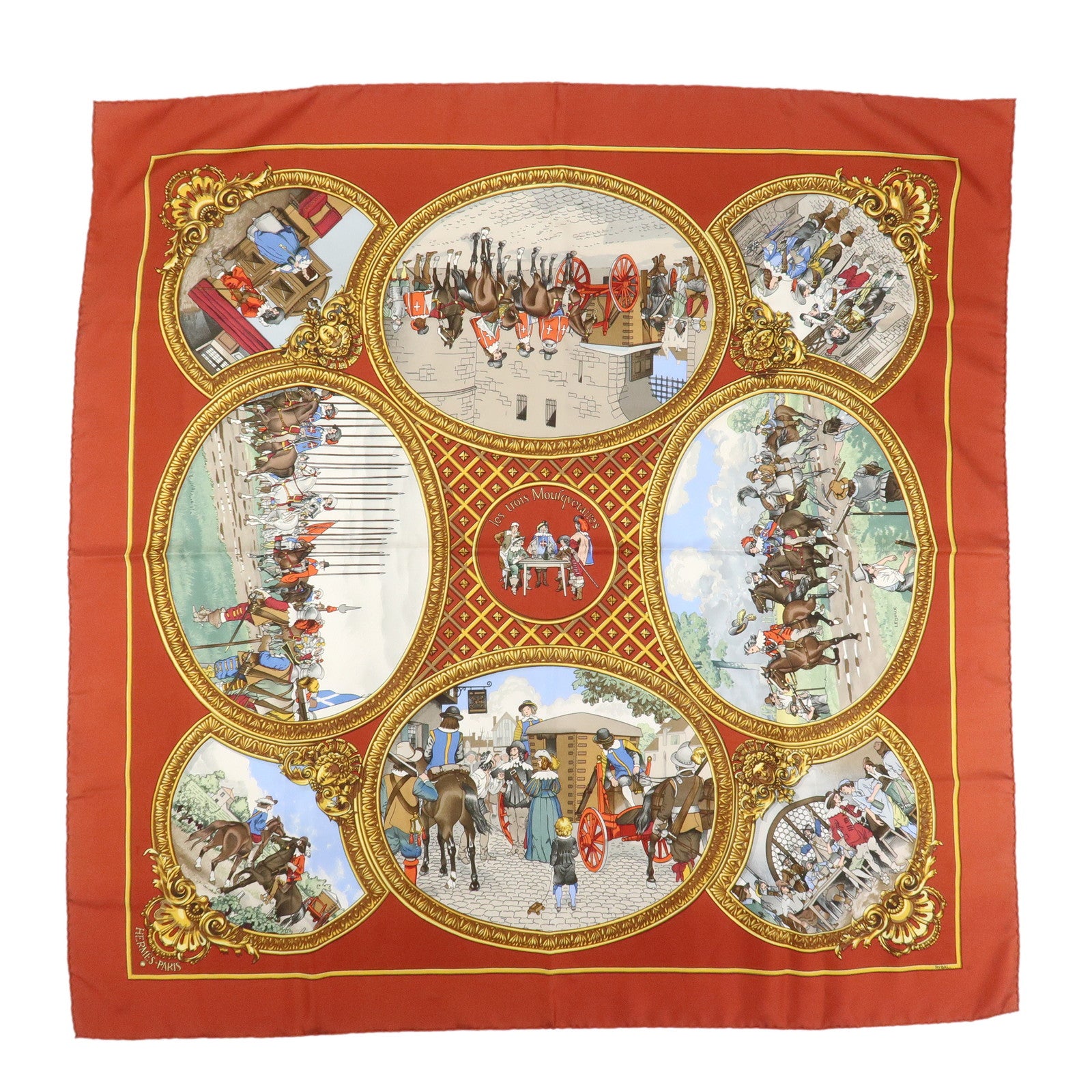 HERMES Carre 90 Silk 100% Scarf Les Trois Mousquetaires Red