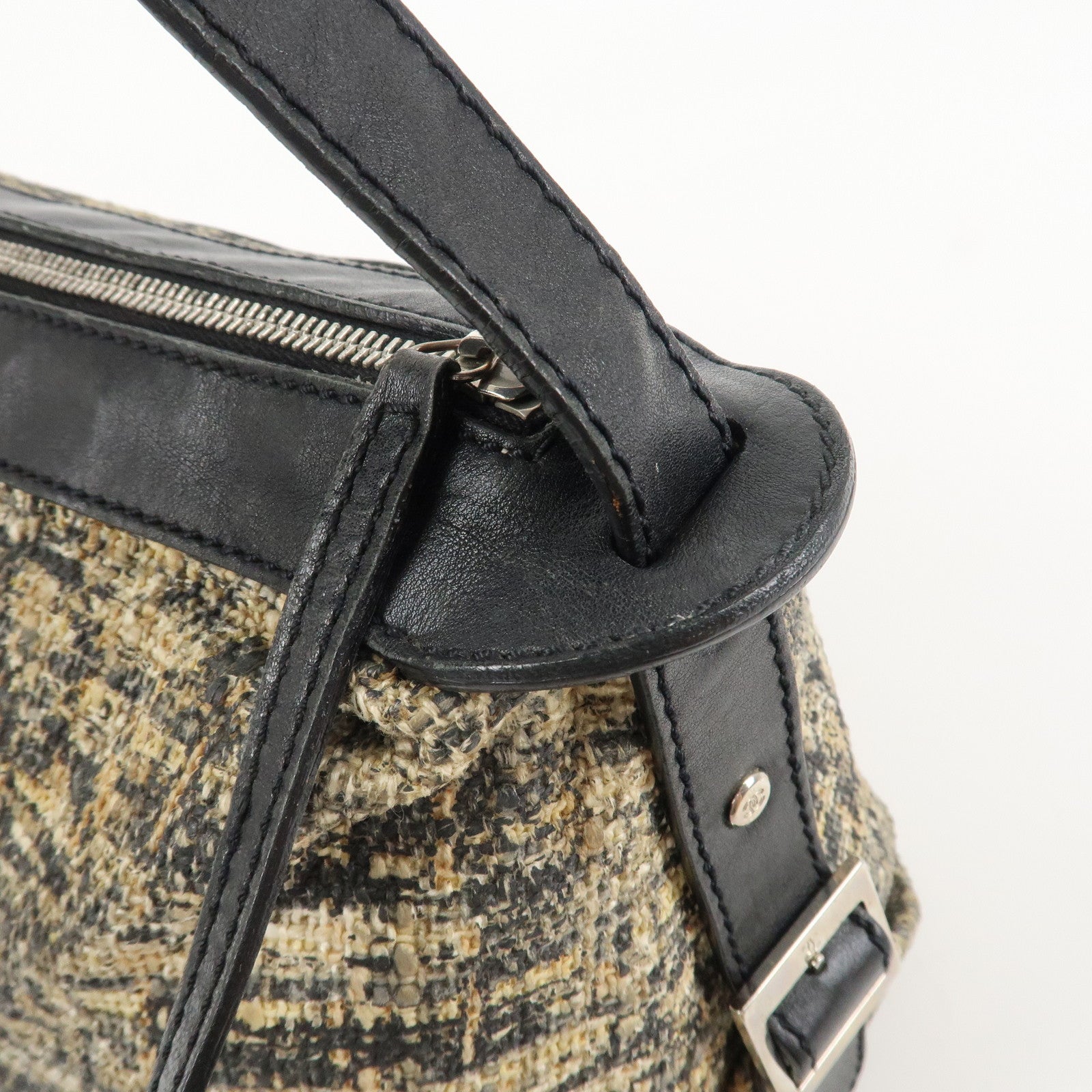 CHANEL COCO Mark Lamb Skin Tweed Shoulder Bag Hand Bag Black Silver HDW Used