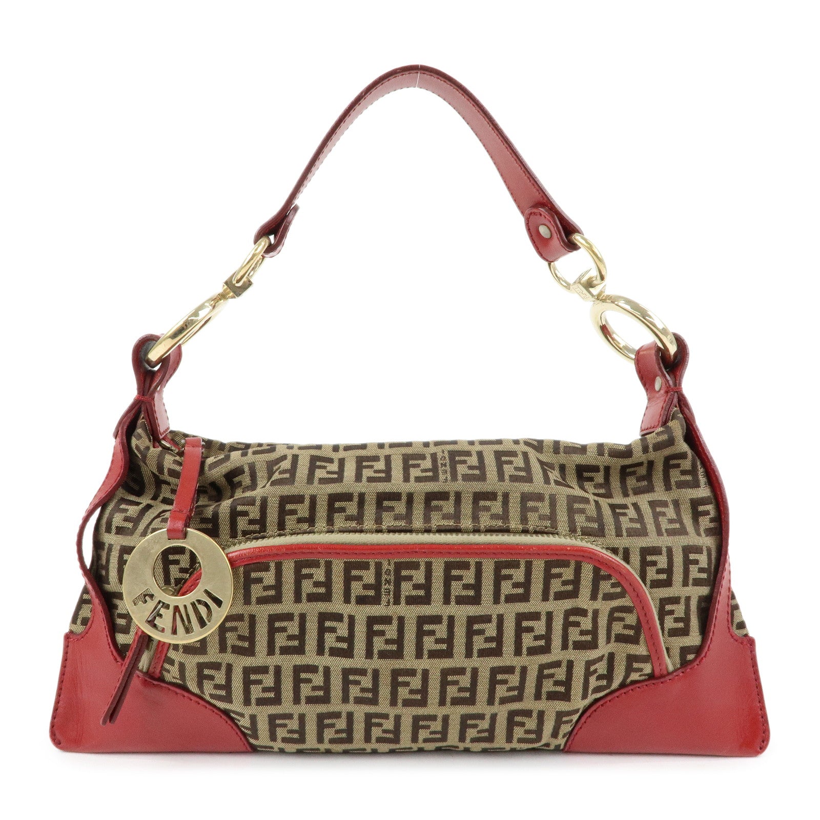 FENDI Zucca Canvas Leather Hand Bag Shoulder Bag Beige Red 8BR464