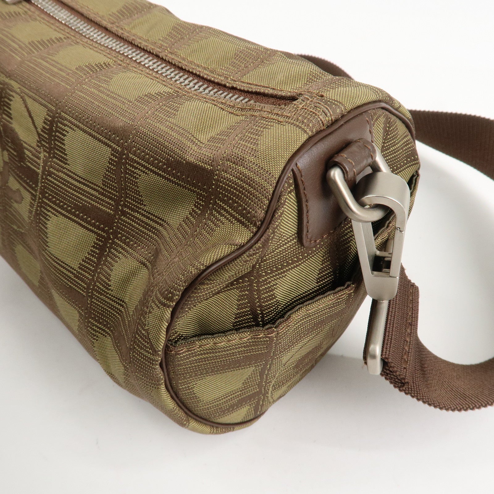 CHANEL New Travel Line Nylon Jacquard Shoulder Bag Khaki Used