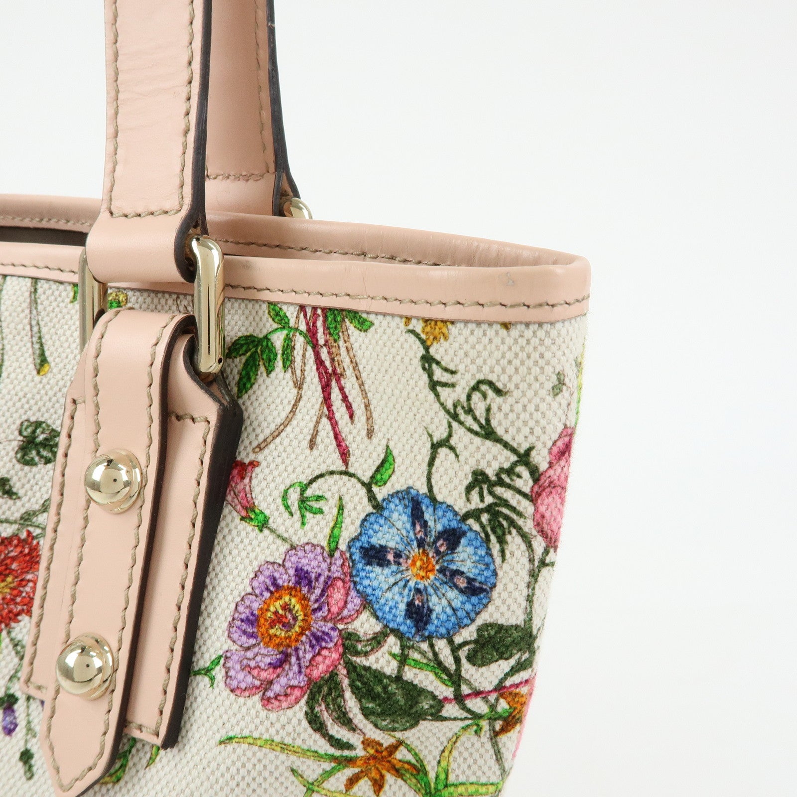 GUCCI Flora Flower Motif Canvas Leather Tote Bag White Pink 240018