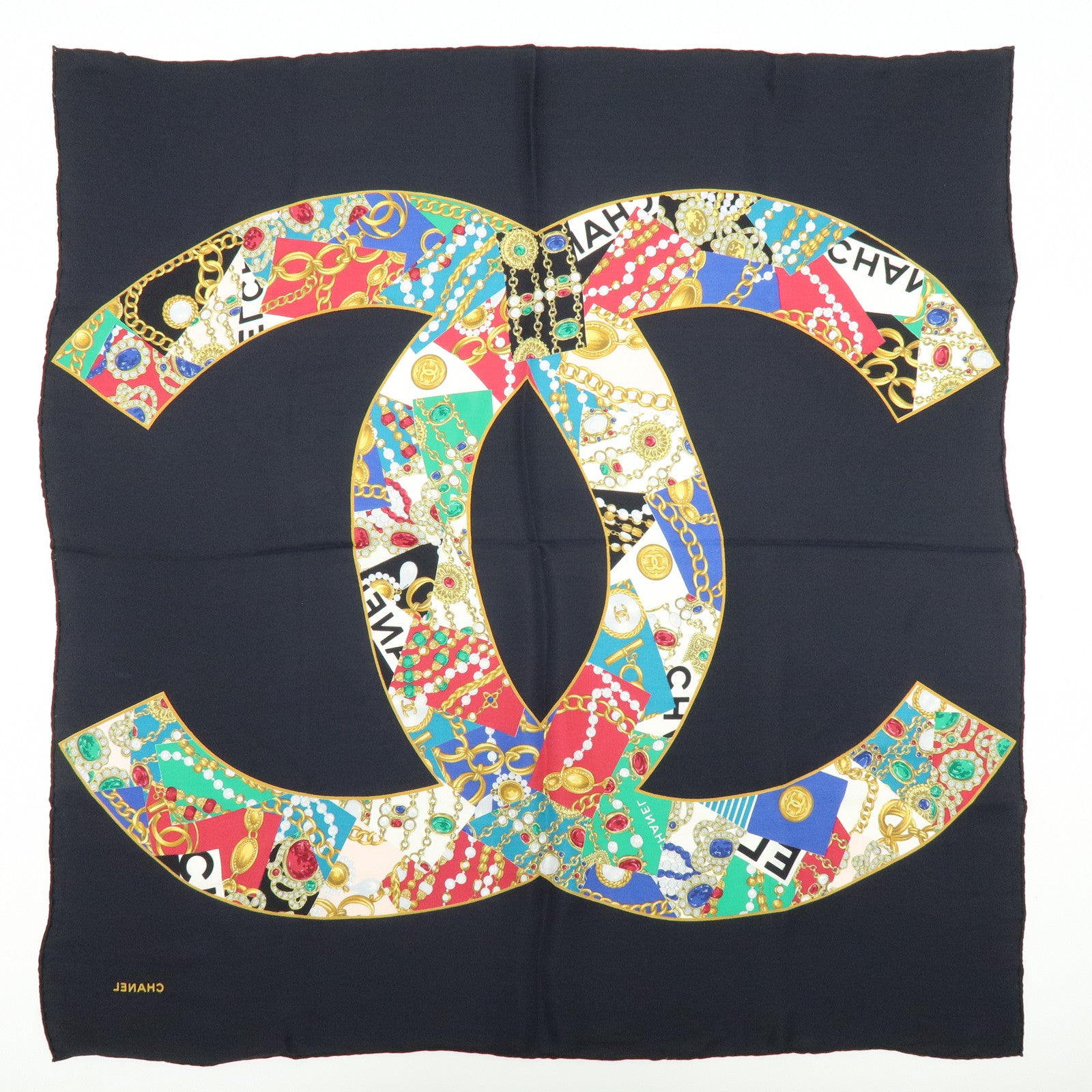CHANEL COCO Mark Jewelry Motif Silk 100% Scarf Black Multicolor