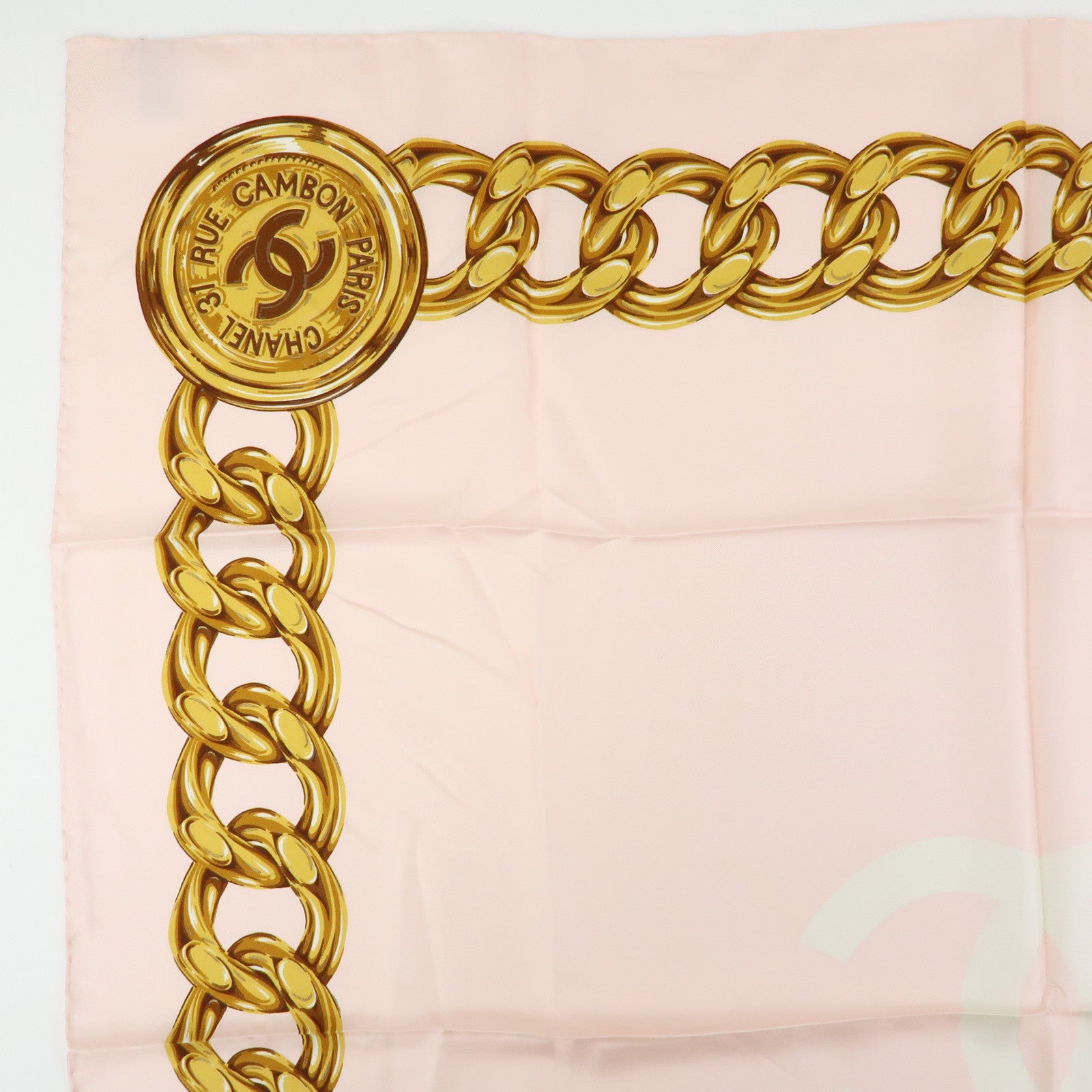 CHANEL COCO Mark Silk 100% Scarf Chain Pearl Motif Pink