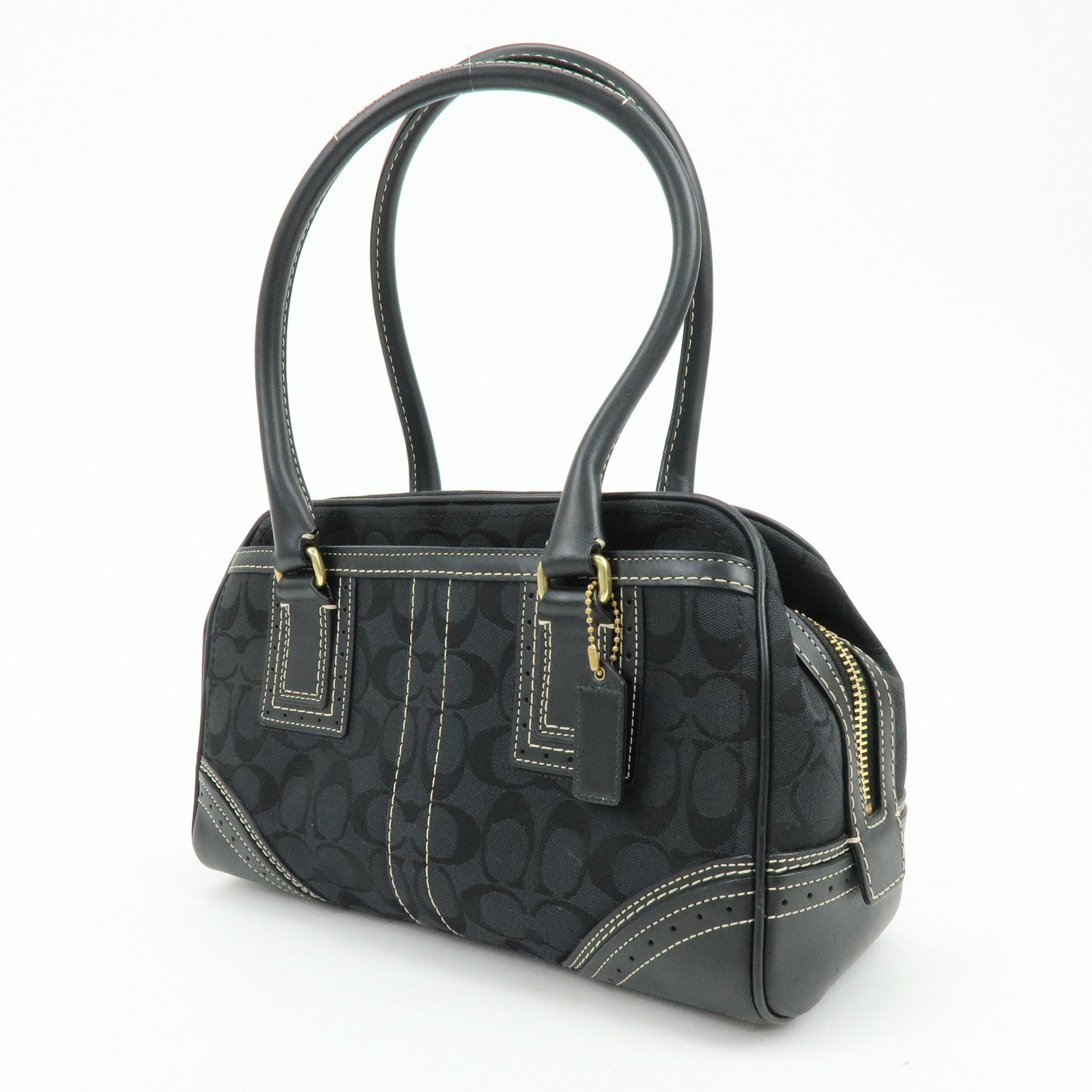 COACH Signature Canvas Leather Shoulder Bag Boston Bag Black