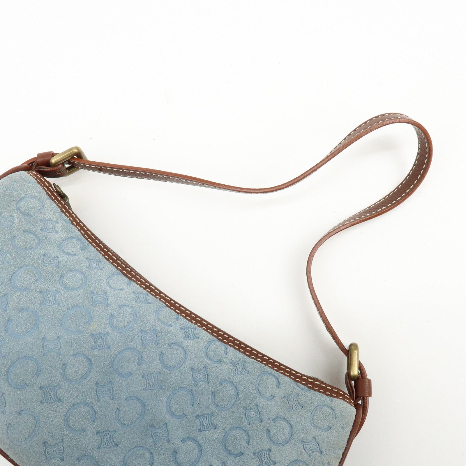 CELINE C Macadam Suede Leather Shoulder Bag Hand Bag Light Blue