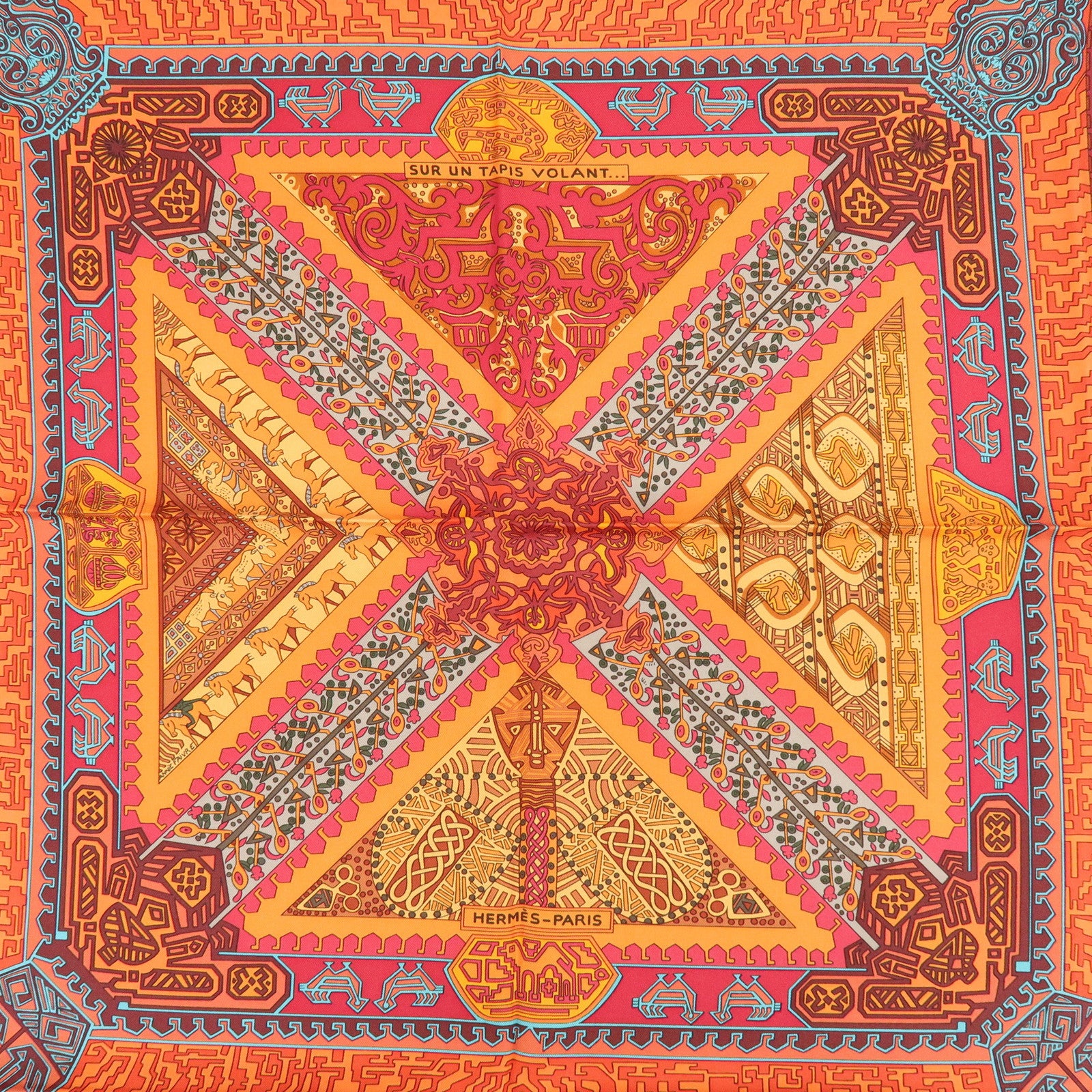 HERMES Carre 90 Silk 100% Scarf SUR UN TAPIS VOLANT Orange Red Blue