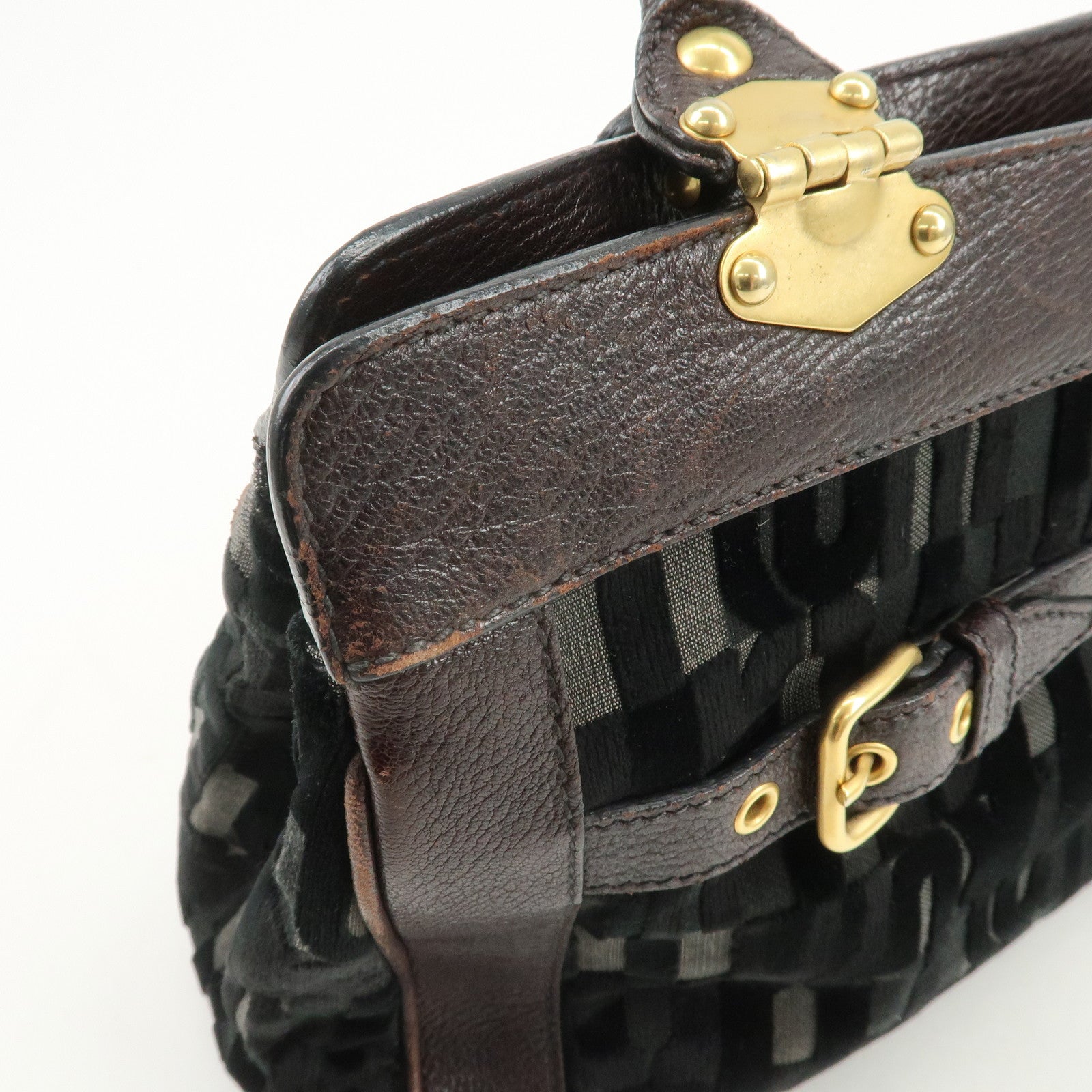 MIU MIU Logo Velour Leather Shoulder Bag Black Brown