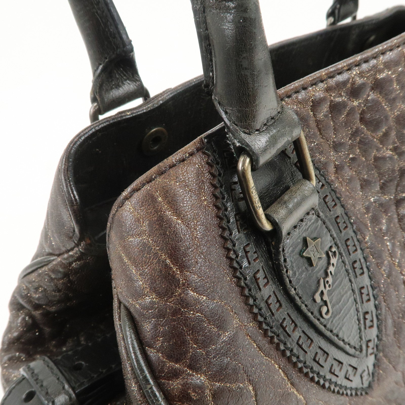 FENDI Ethnico Leather Tote Bag Shoulder Bag Hand Bag Brown 8BN162