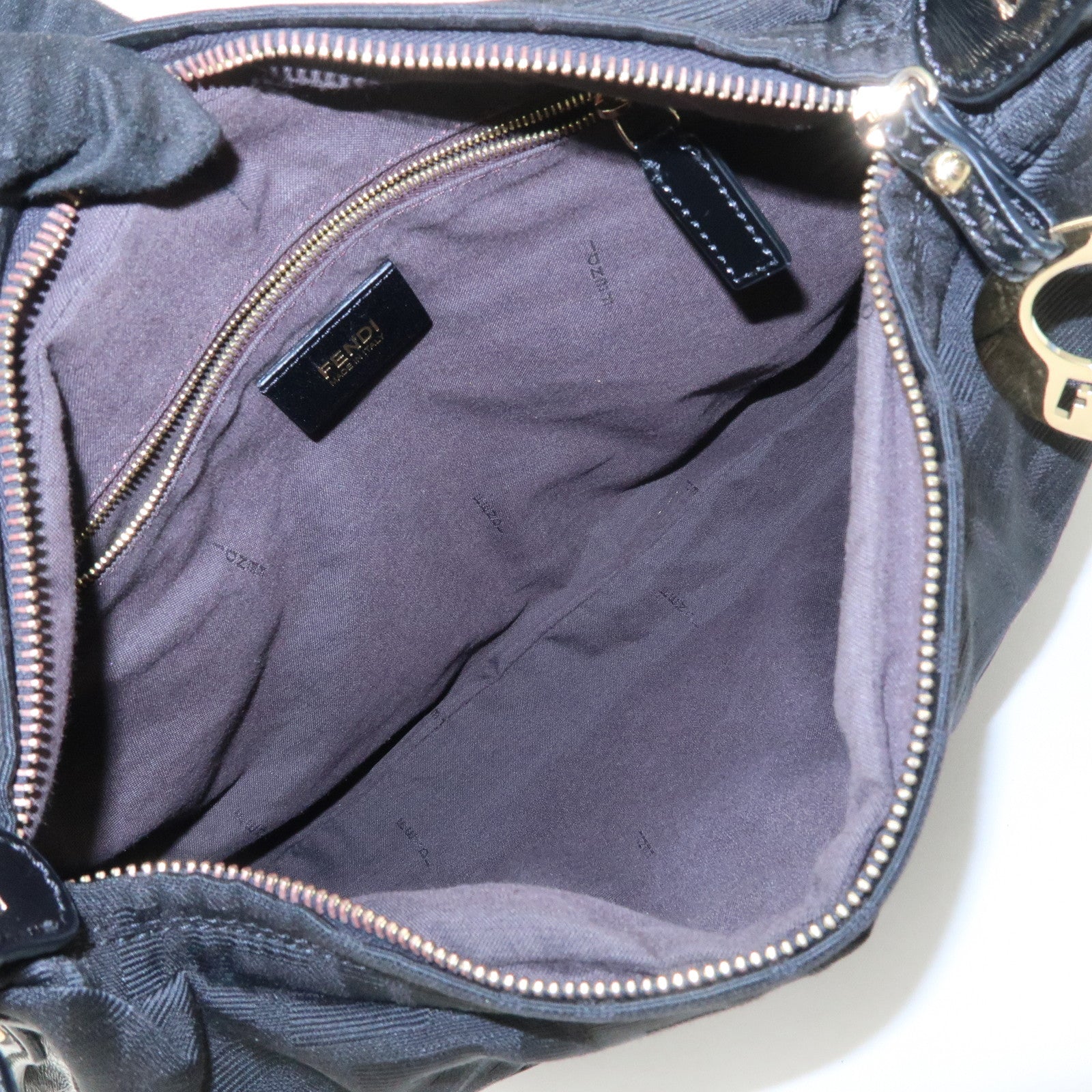 FENDI Zucca Canvas Leather Gathered Shoulder Bag Black 8BR448