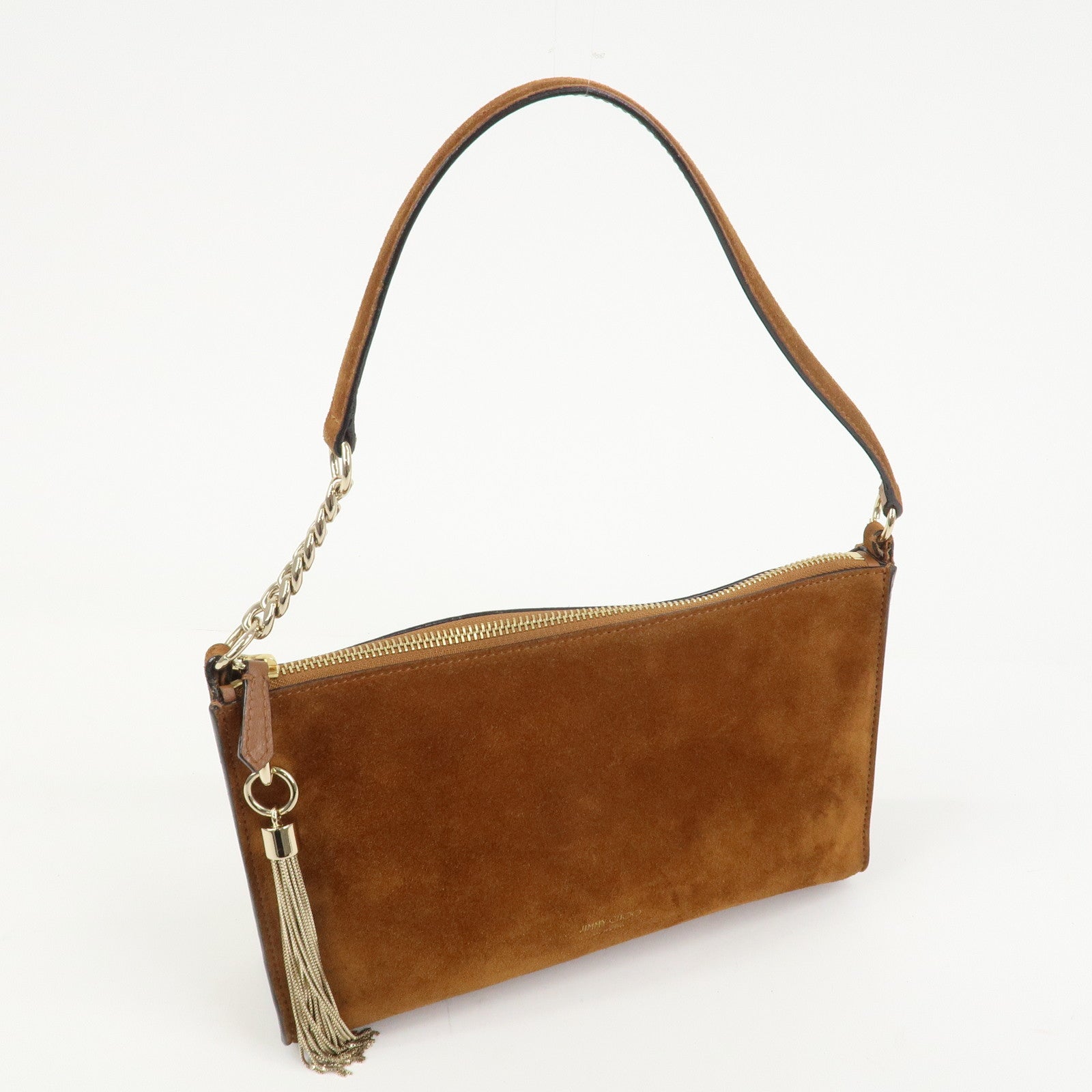 JIMMY CHOO Suede Leather Chain Shoulder Bag Hand Bag Brown