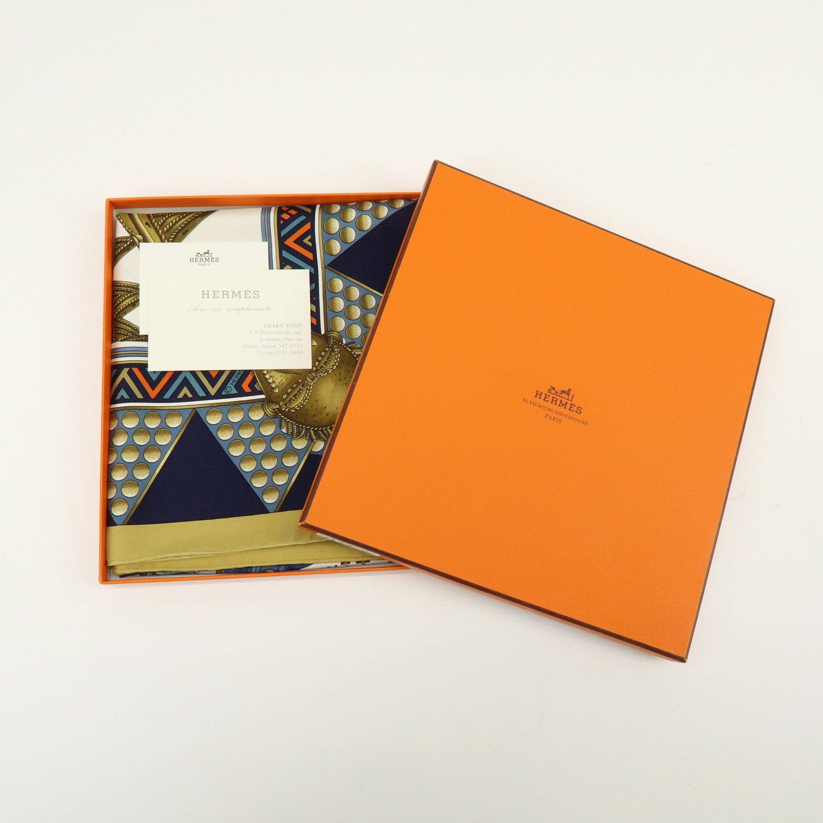 HERMES Carre 90 Silk 100% Scarf L'OR DES CHEFS Gold Navy