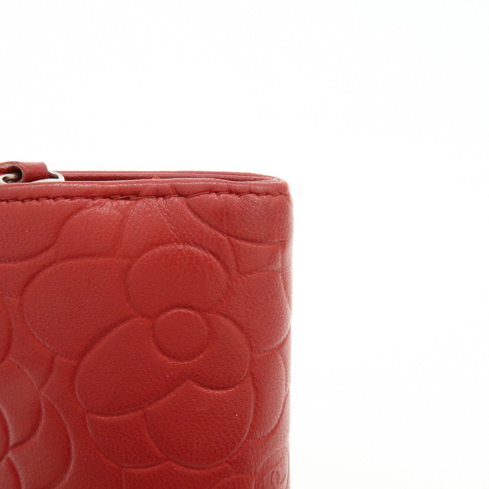 CHANEL Camellia COCO Mark Lamb Skin Bi-fold Compact Wallet Red